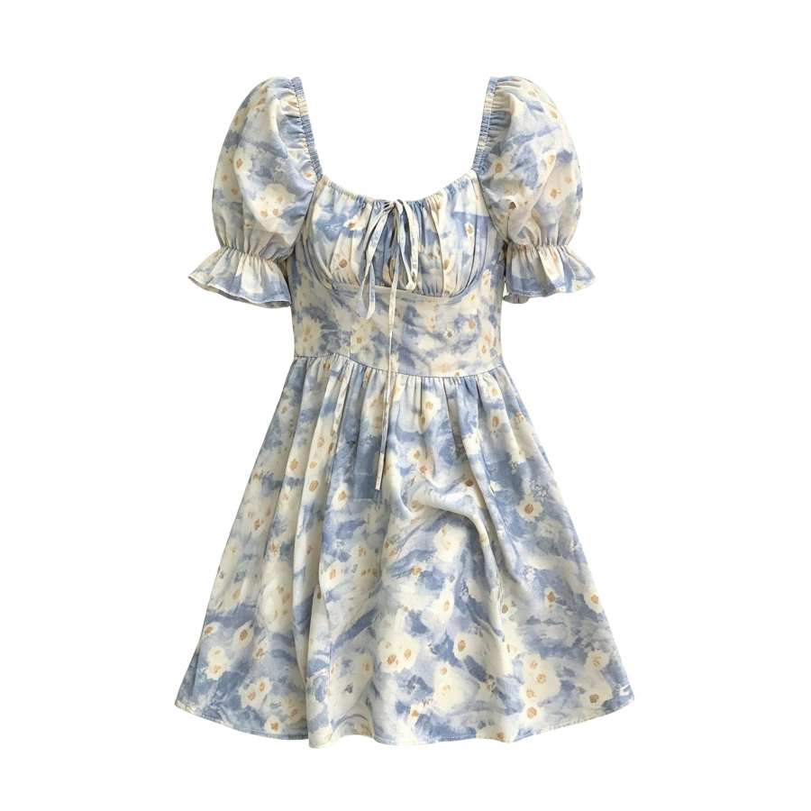 Sugarfunk Short Sleeved Dresses Women's Blue Square Collar Thin Short Skirt A Line Skirt