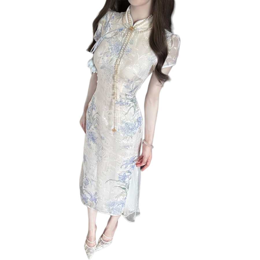 JBBCN Short Sleeved Dresses Women's Blue Floral Cheongsam Collar Thin Midi Skirt Fishtail Dress