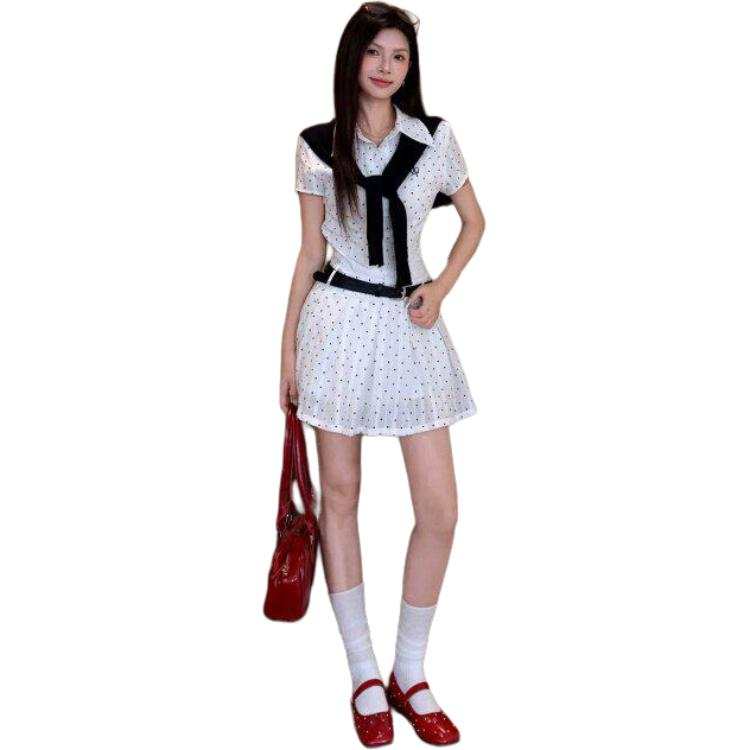 JBBCN Short Sleeved Dresses Women's White With Black Dot Includes Shawl+Belt Lapel Thin Short Skirt Pleated Skirt
