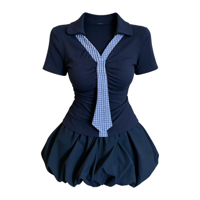 CPAURA Two Piece Skirt Sets Women's Polo Collar Moderate Short Skirt