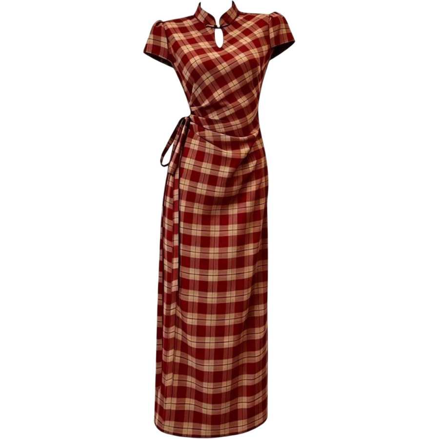 JBBCN Short Sleeved Dresses Women's Burgundy Plaid Cheongsam Collar Moderate Long Skirt Bodycon Skirt