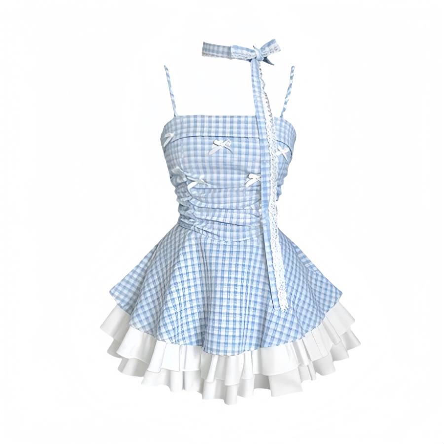 CPAURA Slip Dresses Women's Blue Dress+Ribbon Moderate Short Skirt Puffy Skirt