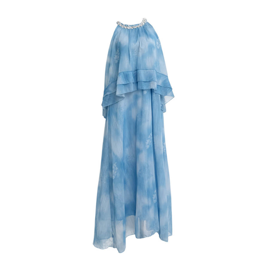 TUSHIFEI Sleeveless Dresses Women's Light Blue Halter Moderate Long Skirt A Line Skirt