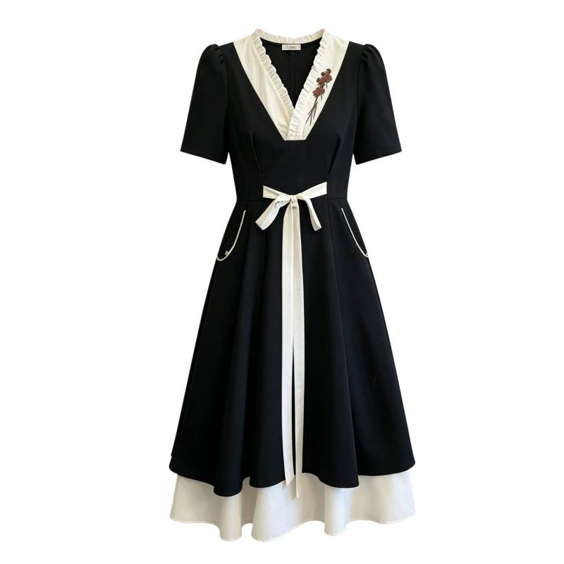 CPAURA Short Sleeved Dresses Women's Black V Neck Moderate Long Skirt A Line Skirt