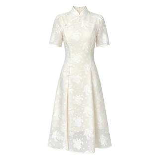 CPAURA Short Sleeved Dresses Women's Light Apricot Jacquard Stand Collar Moderate Long Skirt A Line Skirt