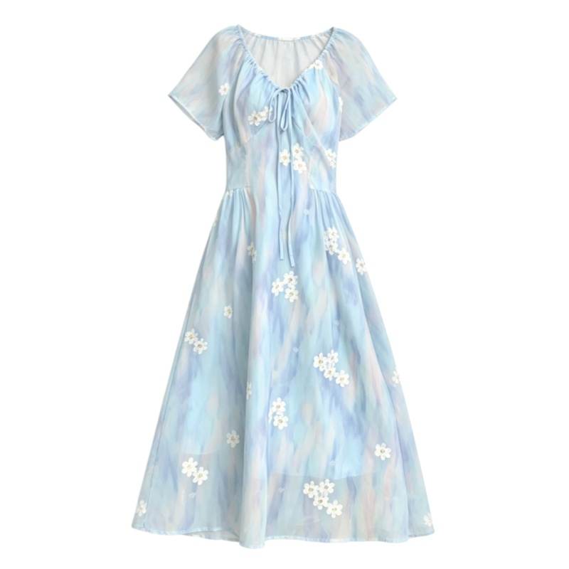 CPAURA Short Sleeved Dresses Women's Multicolor Blue V Neck Moderate Long Skirt A Line Skirt