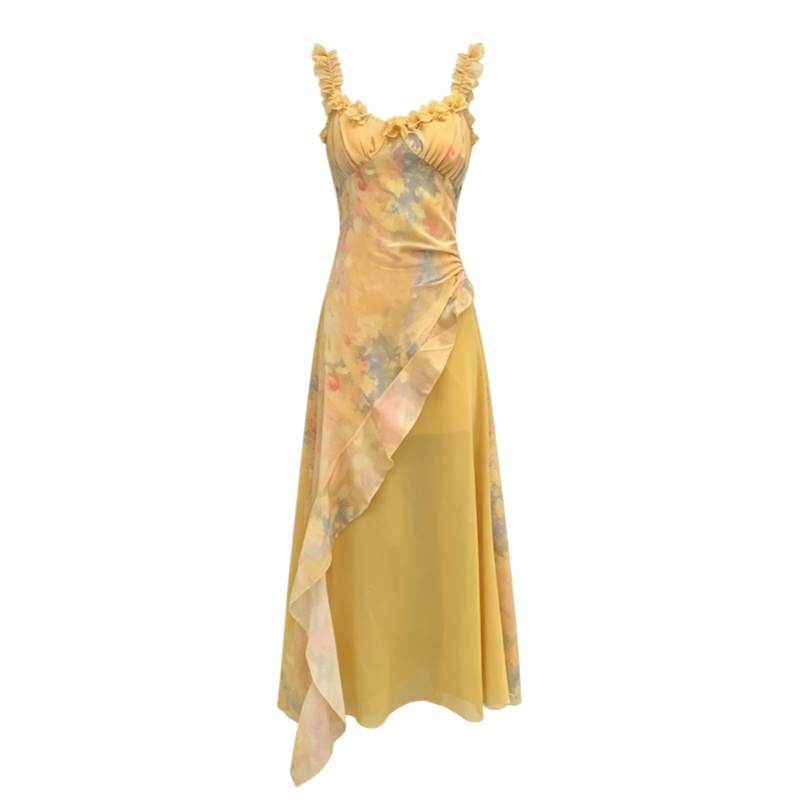 CPAURA Slip Dresses Women's Mist Yellow Moderate Long Skirt A Line Skirt