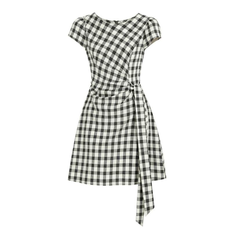 CPAURA Short Sleeved Dresses Women's Black Plaid Crew Neck Moderate Short Skirt A Line Skirt
