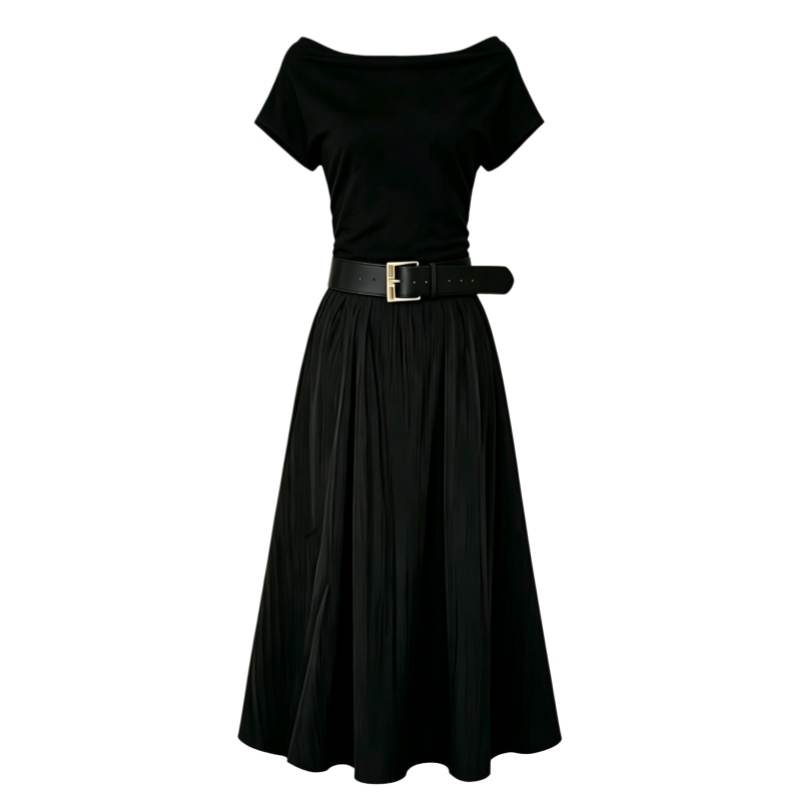 CPAURA Short Sleeved Dresses Women's Black With Belt Boat Neck Moderate Long Skirt A Line Skirt