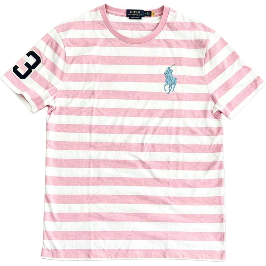 Polo Ralph Lauren Big Pony T Shirts Men's Pink White Stripes Crew Neck Moderate Other