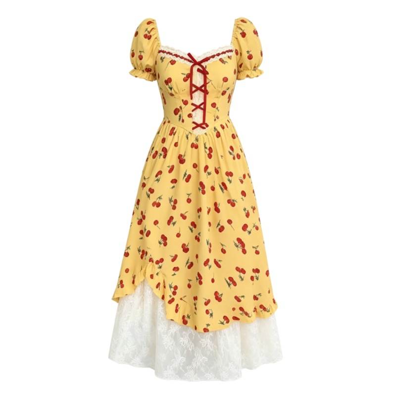 CPAURA Short Sleeved Dresses Women's Yellow Cherry Square Collar Moderate Long Skirt A Line Skirt