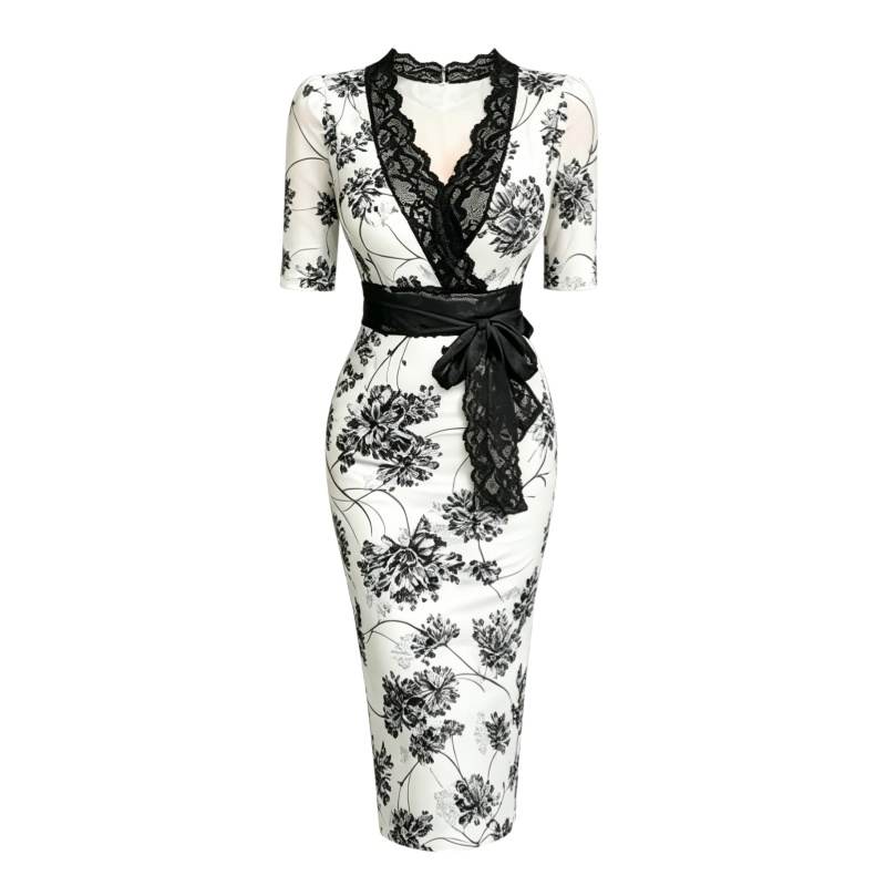 CPAURA Short Sleeved Dresses Women's Multicolor V Neck Moderate Long Skirt Bodycon Skirt