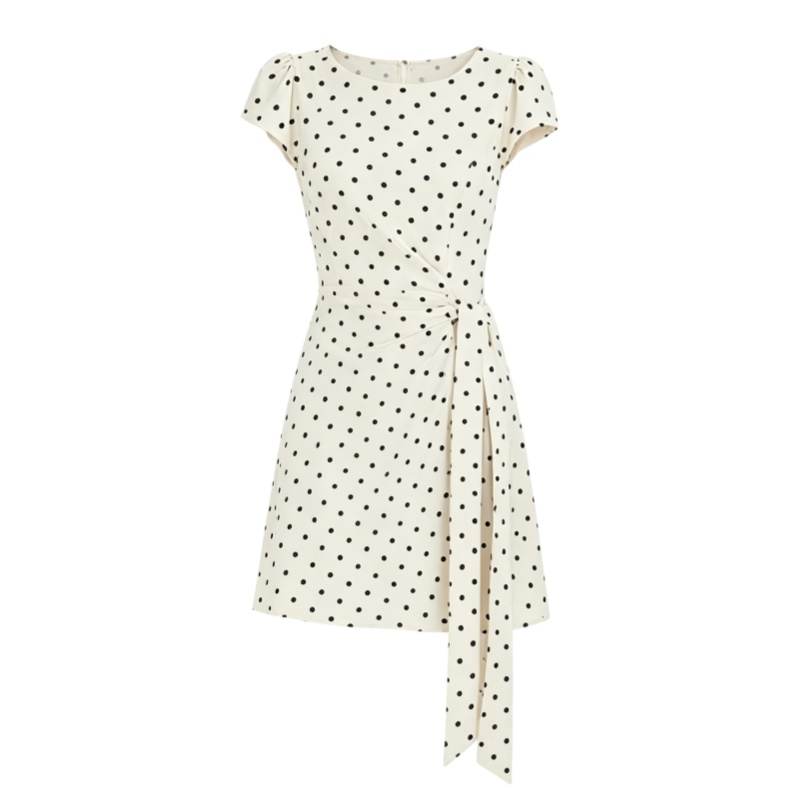CPAURA Short Sleeved Dresses Women's Polka Dot Crew Neck Moderate Short Skirt A Line Skirt