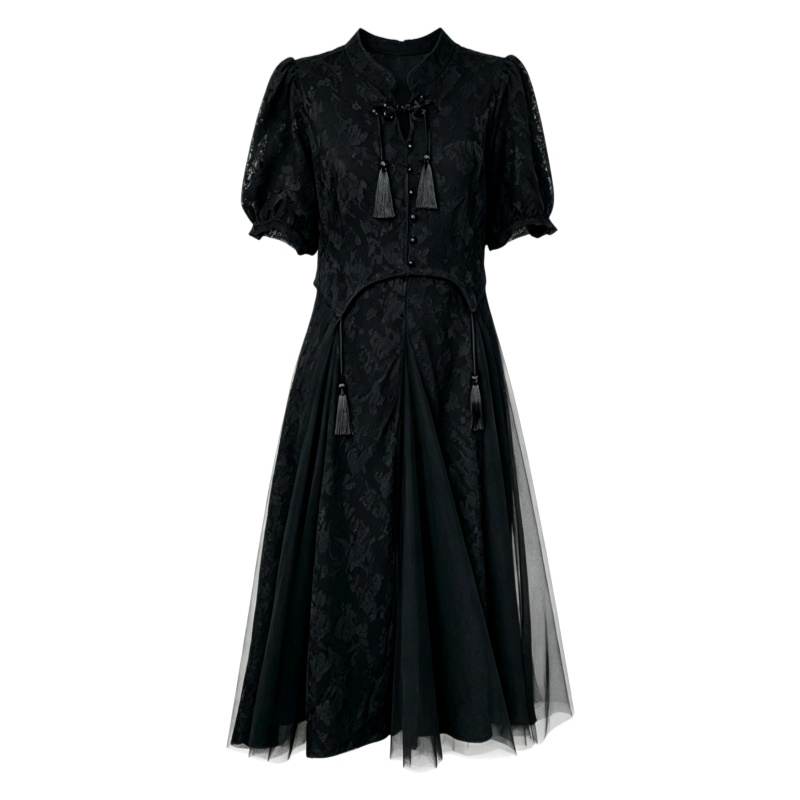 CPAURA Short Sleeved Dresses Women's Black Crew Neck Moderate Long Skirt A Line Skirt