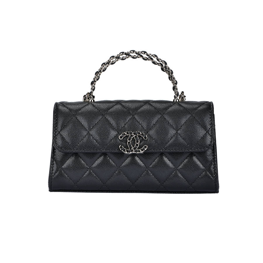CHANEL Grain Shiny Calfskin & Gold Metal Handbag Women's Black