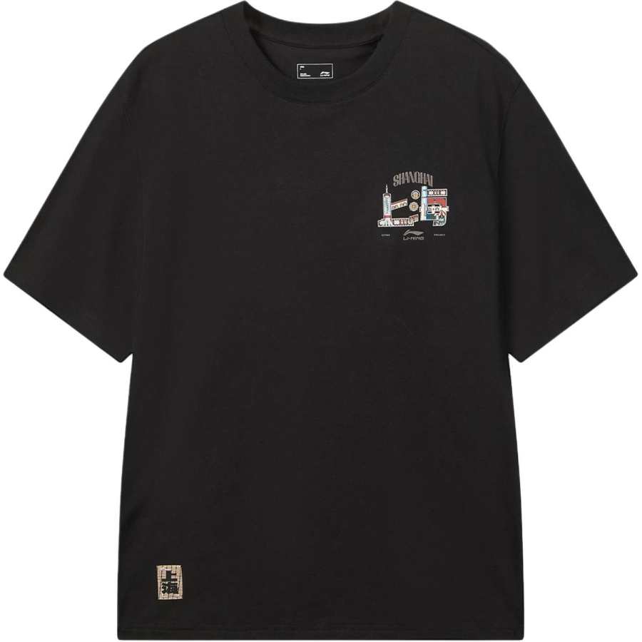 Li-Ning Li Ning China Culture Collection T Shirts Men's Black Crew Neck Moderate Straight Fit