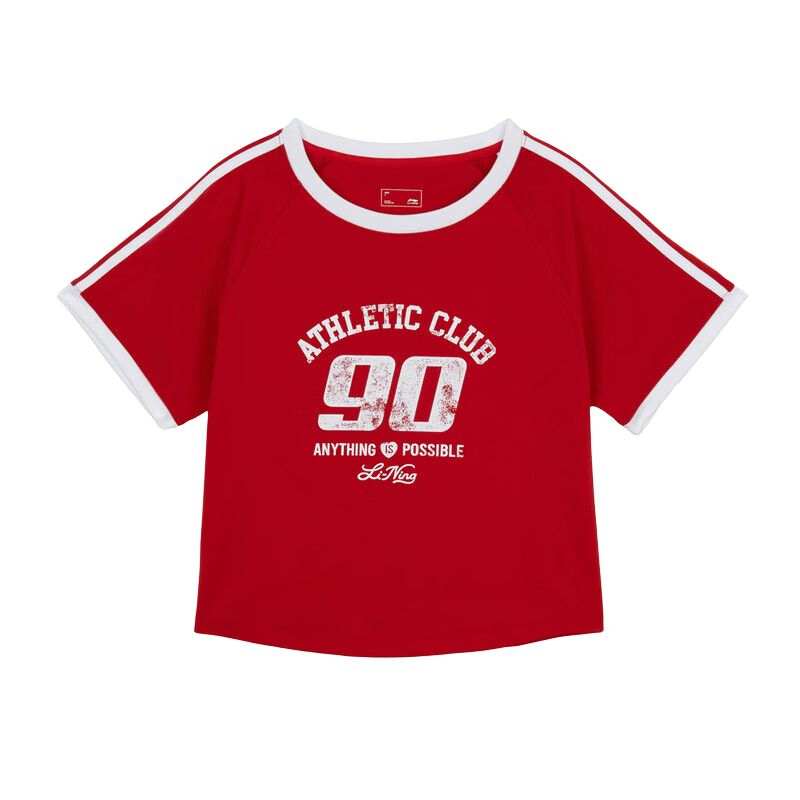 Li-Ning Li Ning T Shirts Women's Ruyi Red Crew Neck Moderate Straight Fit