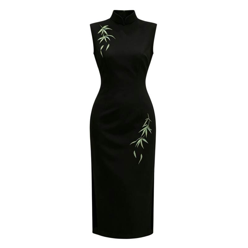 CPAURA Sleeveless Dresses Women's Black Stand Collar Moderate Long Skirt Bodycon Skirt