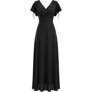 CHARM GLOW Short Sleeved Dresses Women's Black V Neck Thin Long Skirt A Line Skirt