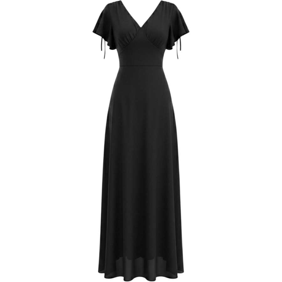 CHARM GLOW Short Sleeved Dresses Women's Black V Neck Thin Long Skirt A Line Skirt