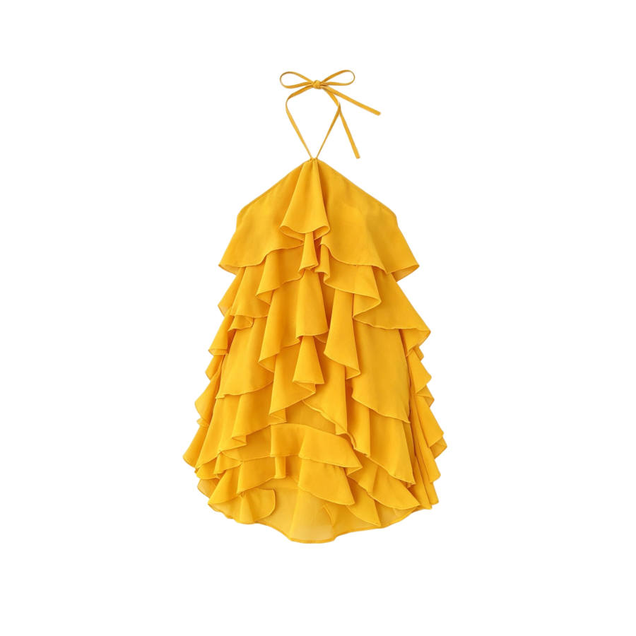TUSHIFEI Sleeveless Dresses Women's Yellow Halter Moderate Short Skirt A Line Skirt
