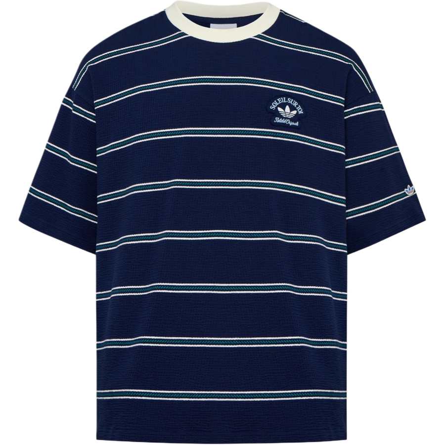 Adidas Originals French Riviera Holiday Collection T Shirts Men's Dark Indigo/Jade White Crew Neck Moderate