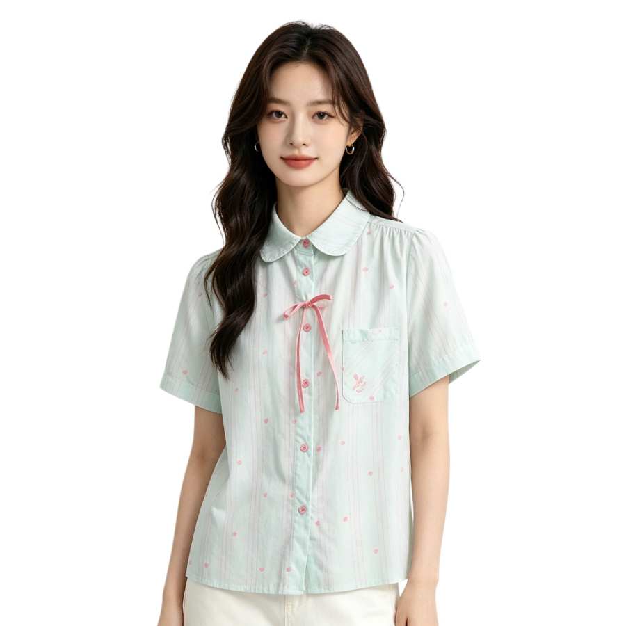 Sugarfunk Shirts Women's Light Cyan Pink Peter Pan Collar Thin Straight Fit