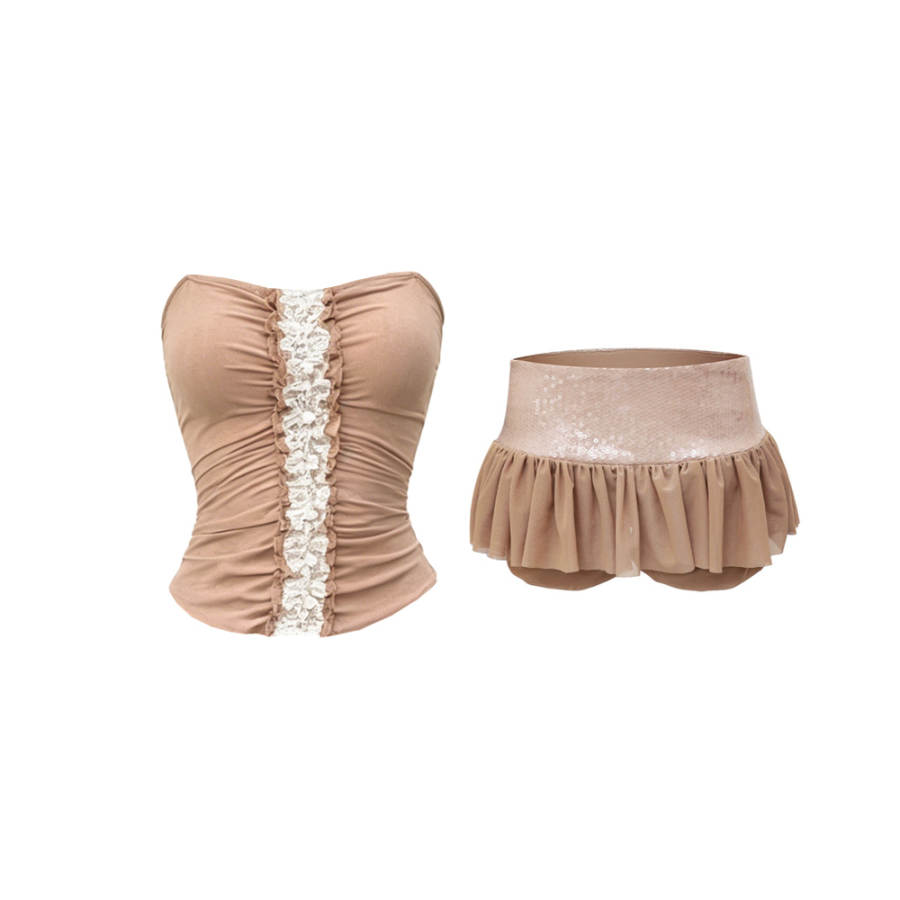 TUSHIFEI Two Piece Skirt Sets Women's Strapless Top Thin Short Skirt