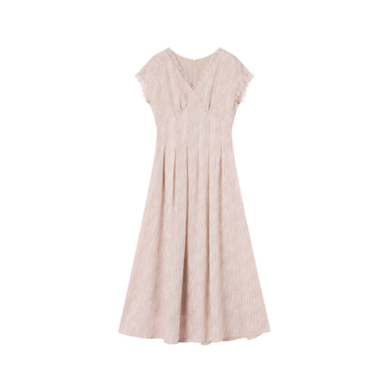 XIANGYING Short Sleeved Dresses Women's Light Pink V Neck Thin Midi Skirt