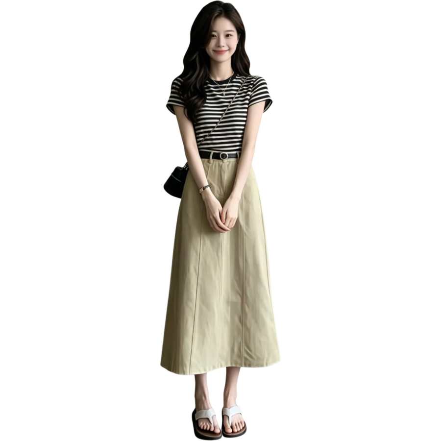 JBBCN Two Piece Skirt Sets Women's Crew Neck Thin Midi Skirt