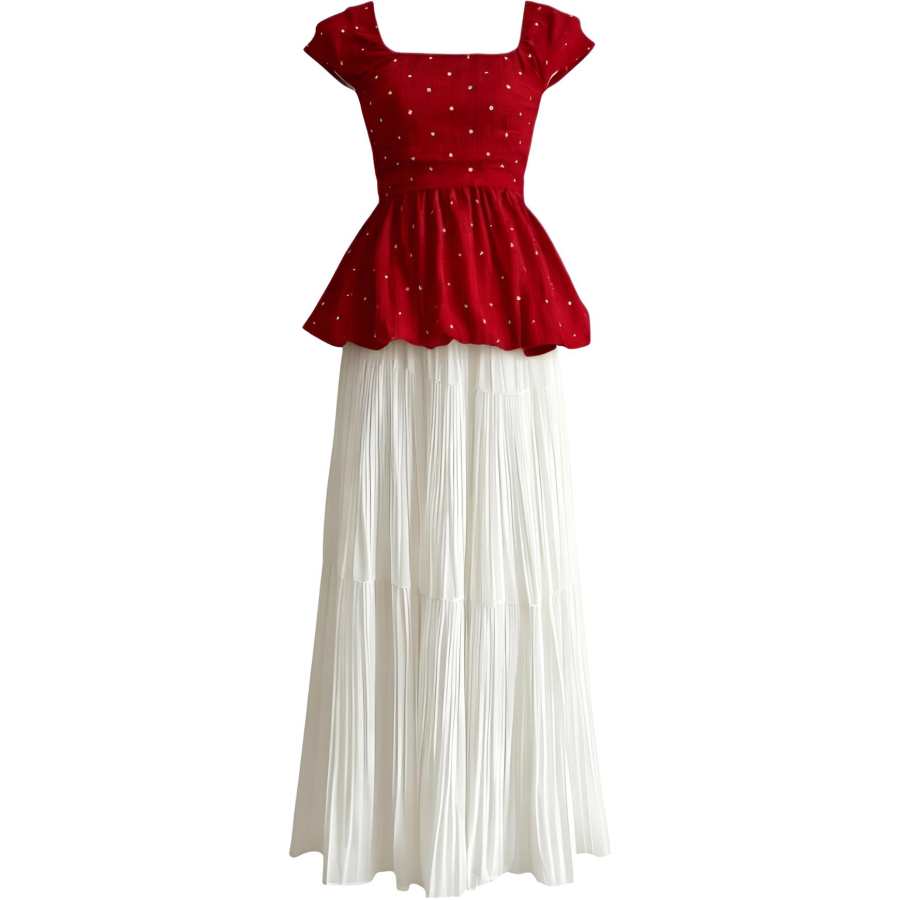 CHARM GLOW Two Piece Skirt Sets Women's Square Collar Thin Long Skirt