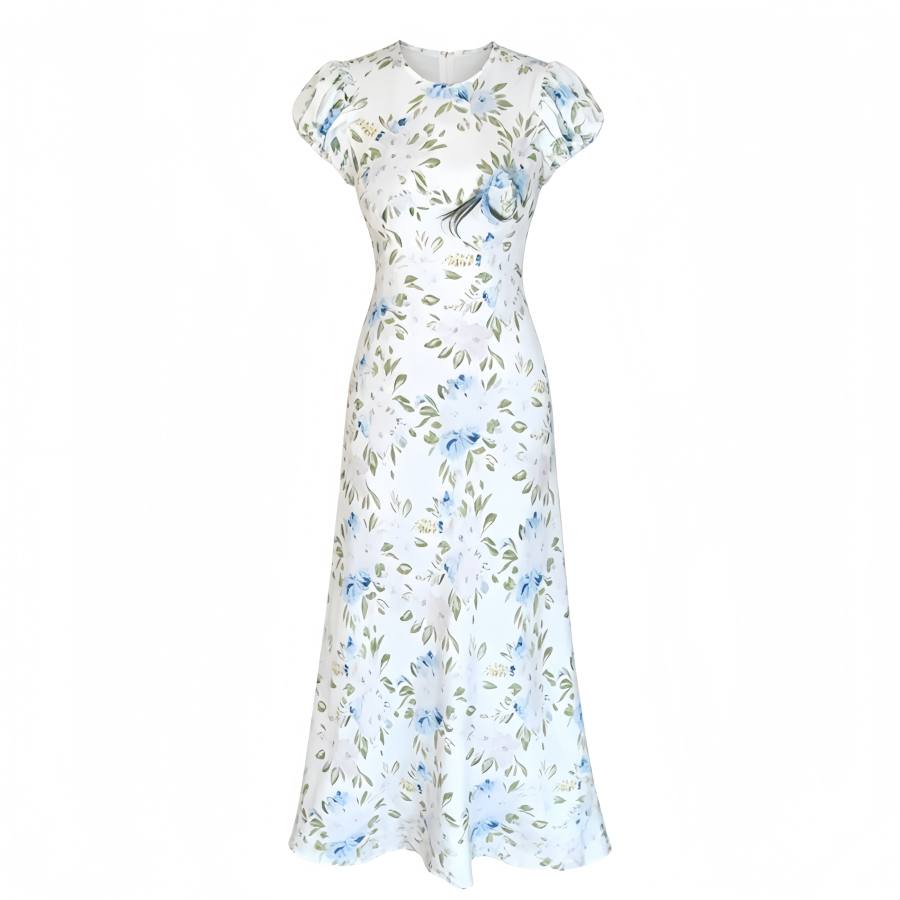 CPAURA Short Sleeved Dresses Women's Image Color Floral Crew Neck Moderate Long Skirt A Line Skirt