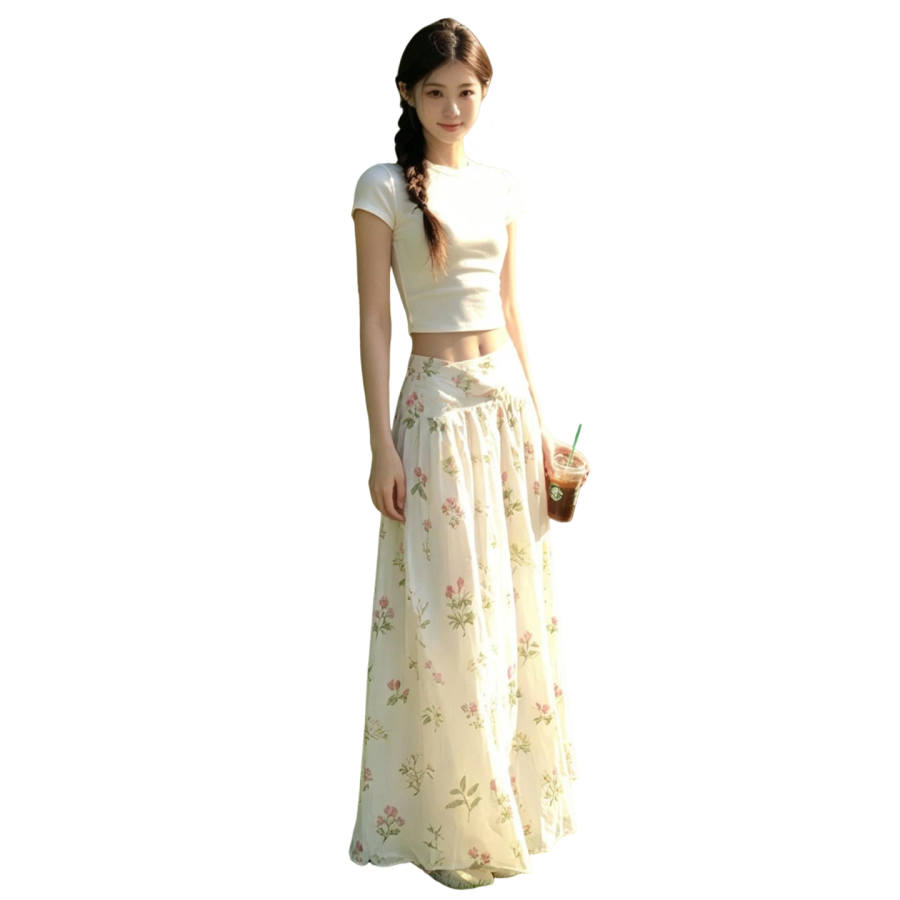 JBBCN Two Piece Skirt Sets Women's Crew Neck Thin Long Skirt