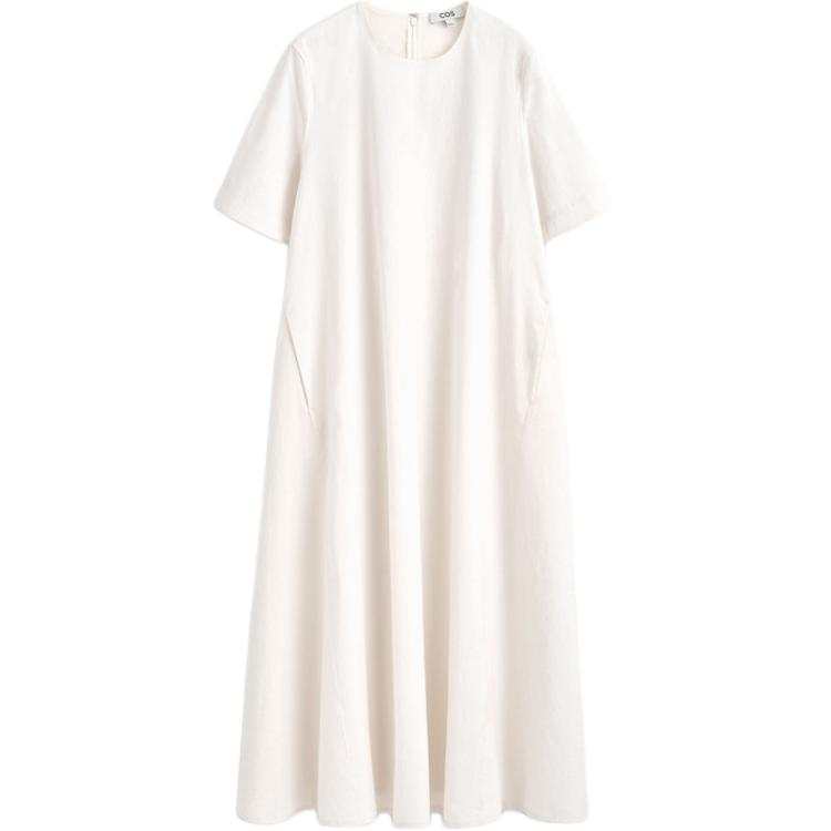 COS Short Sleeved Dresses Women's Ecru Crew Neck Moderate Long Skirt A Line Skirt