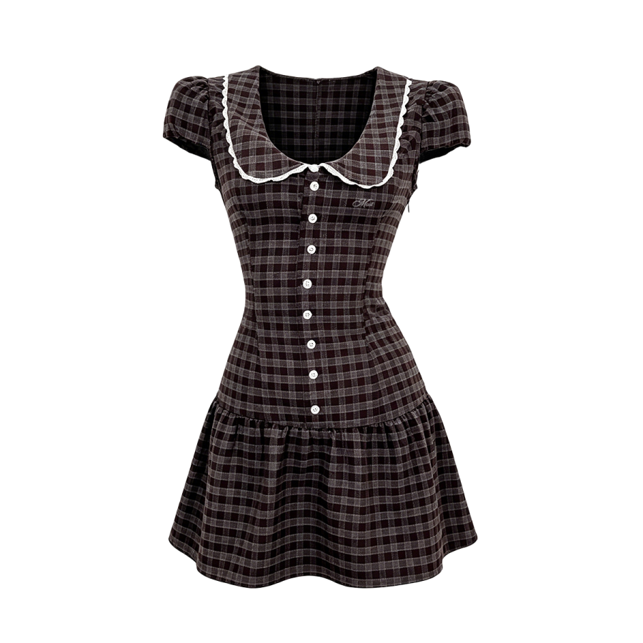 MostwantedLab Short Sleeved Dresses Women's Peter Pan Collar Thin Short Skirt A Line Skirt