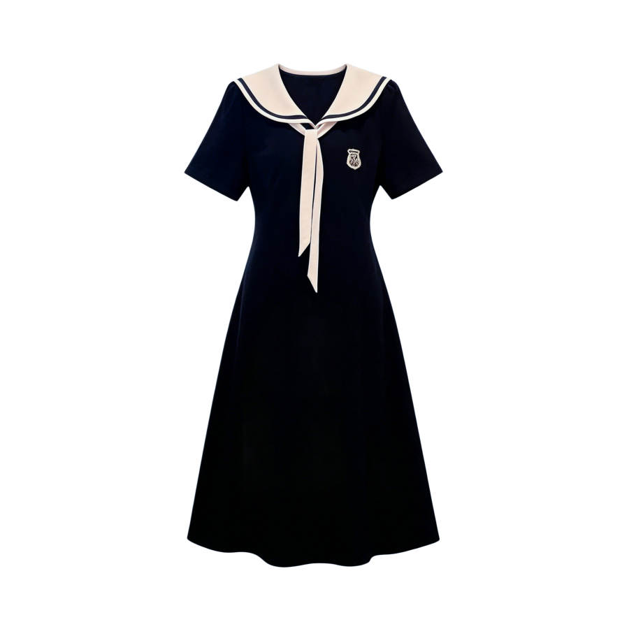TUSHIFEI Short Sleeved Dresses Women's Navy Blue Navy Collar Moderate Midi Skirt A Line Skirt