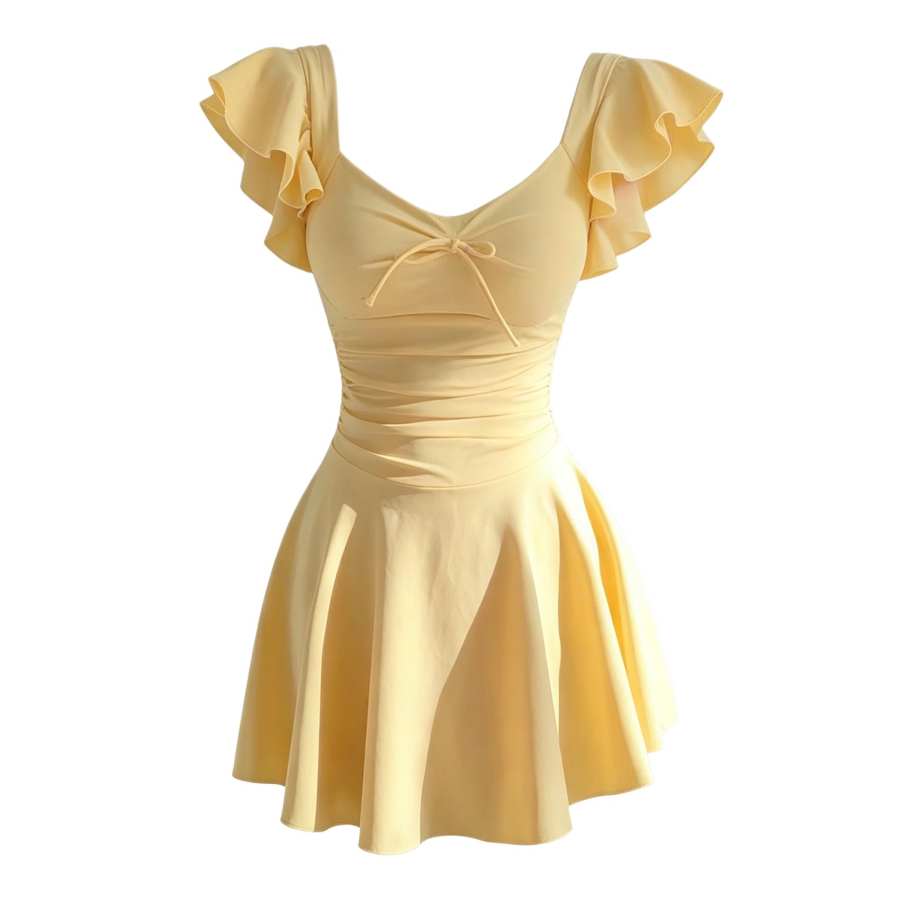 Sugarfunk One Piece Swimsuits Women's Yellow Sweetheart Neckline Thin Short Skirt One Piece Swimsuit