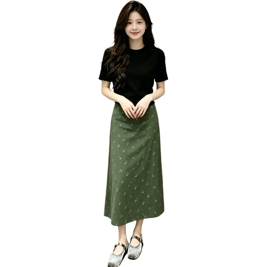 JBBCN Two Piece Skirt Sets Women's Crew Neck Thin Midi Skirt