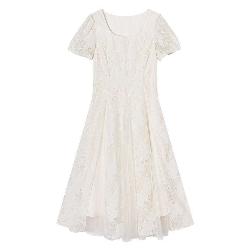XIANGYING Short Sleeved Dresses Women's Heron White Thin Midi Skirt