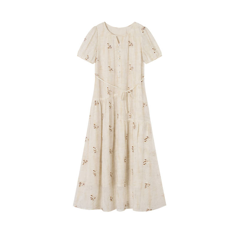 XIANGYING Short Sleeved Dresses Women's Yellow Thin Midi Skirt