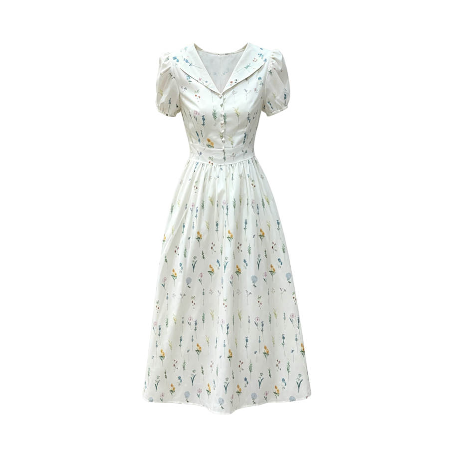 TUSHIFEI Short Sleeved Dresses Women's Ecru Floral Lapel Moderate Long Skirt A Line Skirt