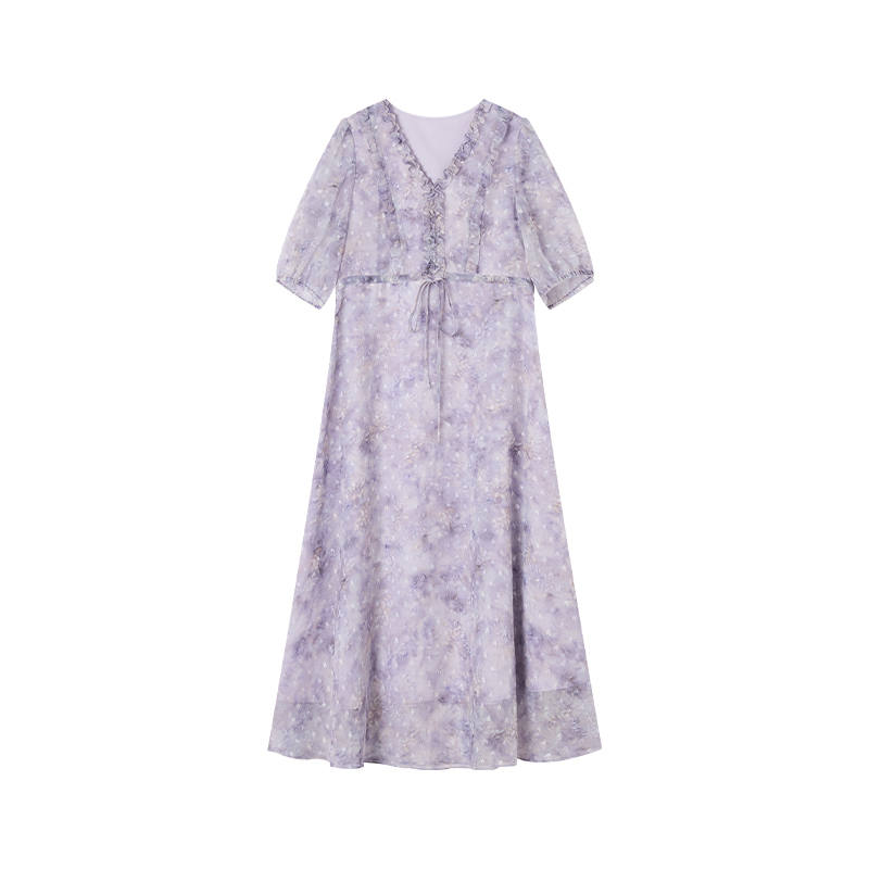 XIANGYING Short Sleeved Dresses Women's Purple V Neck Thin Midi Skirt