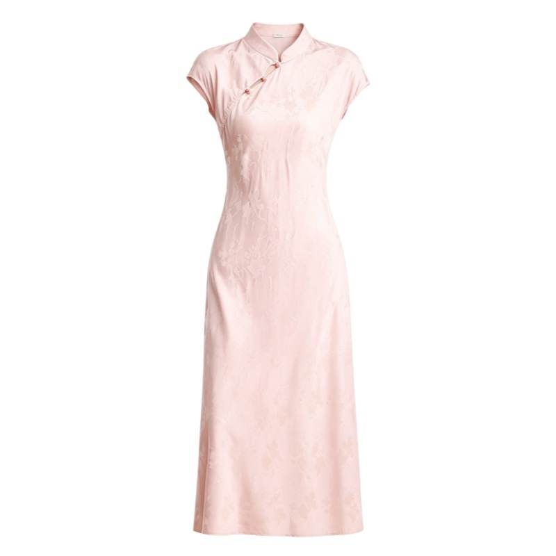 CPAURA Short Sleeved Dresses Women's Light Pink Floral Stand Collar Moderate Long Skirt A Line Skirt