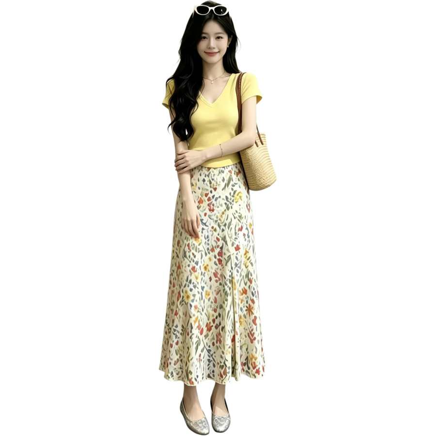 JBBCN Two Piece Skirt Sets Women's V Neck Thin Midi Skirt