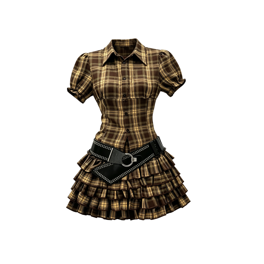 Barbie Short Sleeved Dresses Women's Short Sleeved Top+Pleated Skirt Two Piece Set Lapel Moderate Short Skirt