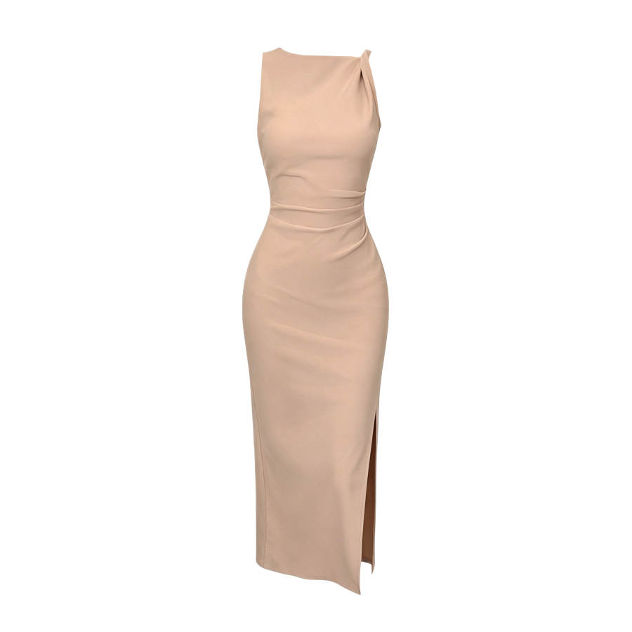 TUSHIFEI Sleeveless Dresses Women's Camel Crew Neck Moderate Long Skirt Bodycon Skirt