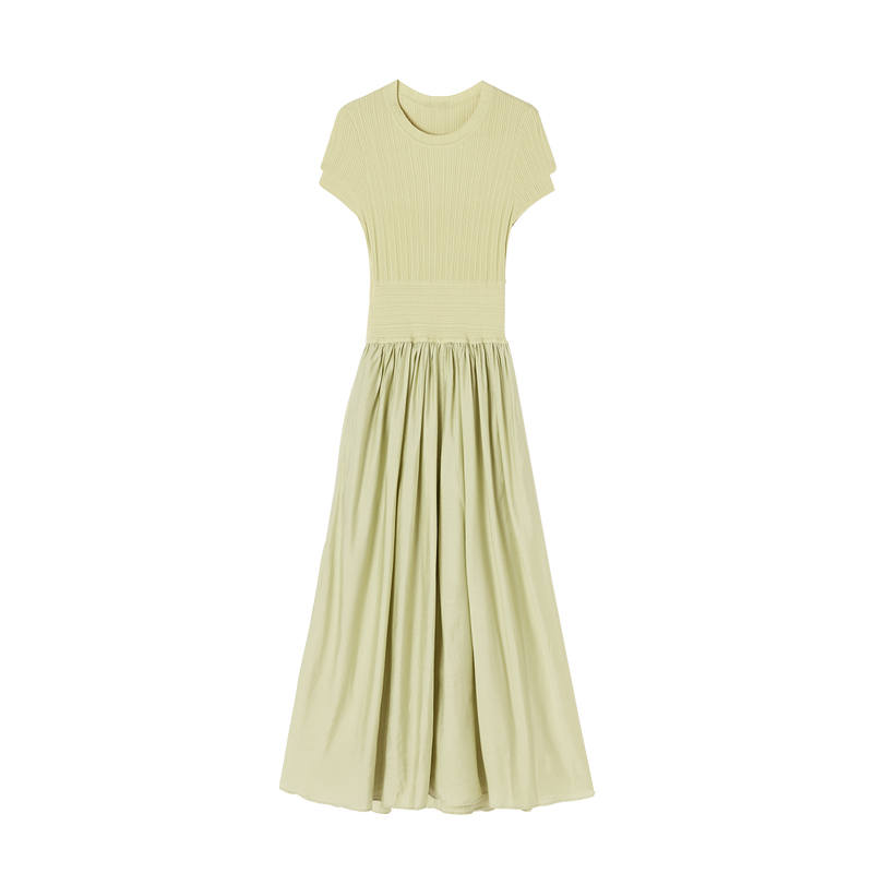 XIANGYING Short Sleeved Dresses Women's Fruit Green Crew Neck Moderate Midi Skirt