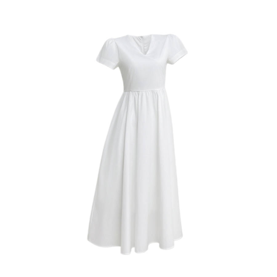 TUSHIFEI Short Sleeved Dresses Women's White V Neck Moderate Midi Skirt A Line Skirt