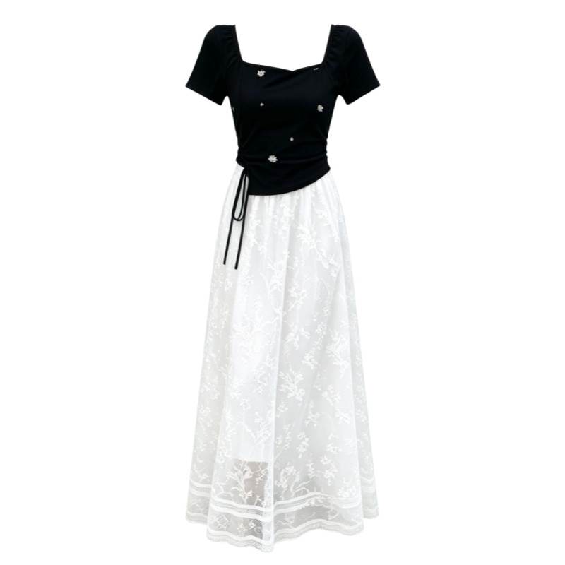 CPAURA Short Sleeved Dresses Women's Image Color Square Collar Moderate Long Skirt A Line Skirt