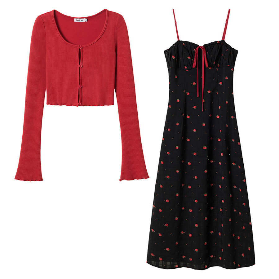 FABRIC PIG Two Piece Skirt Sets Women's Red Top+Camisole Long Skirt Camisole Moderate Midi Skirt